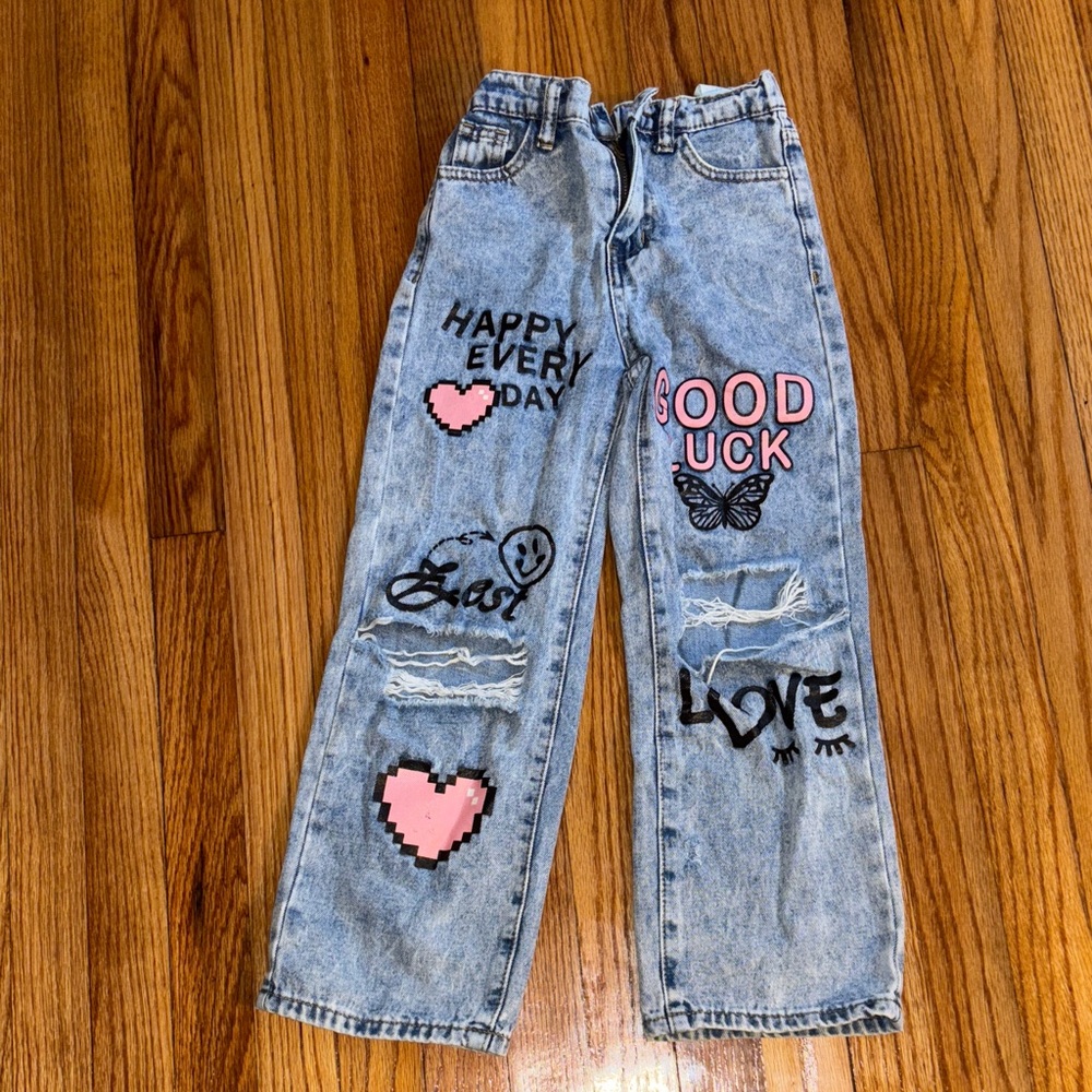 Graphic Denim Jeans with Pink and Black Accents